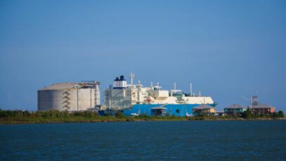A liquefied natural gas tanker docks at Venture Global's Calcasieu Pass LNG, an export facility that started operating last year on the coast of Cameron Parish, Louisiana.