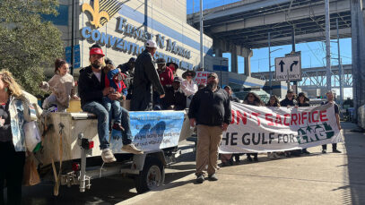 Protesters gathered outside a Louisiana convention center.