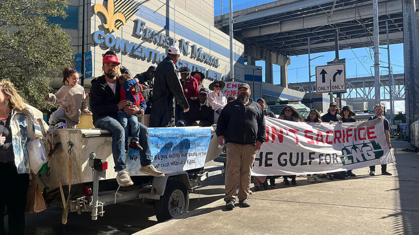 Protesters gathered outside a Louisiana convention center.