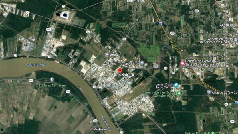 Aerial view of Louisiana centered on Geismar.